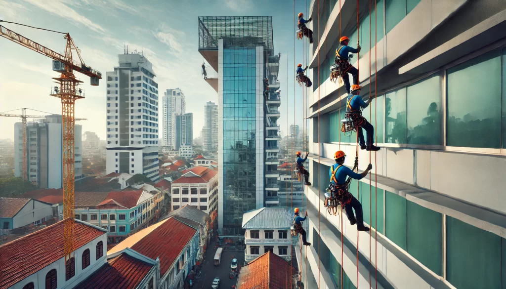 Technicians using rope access techniques in Sri Lanka for building maintenance
